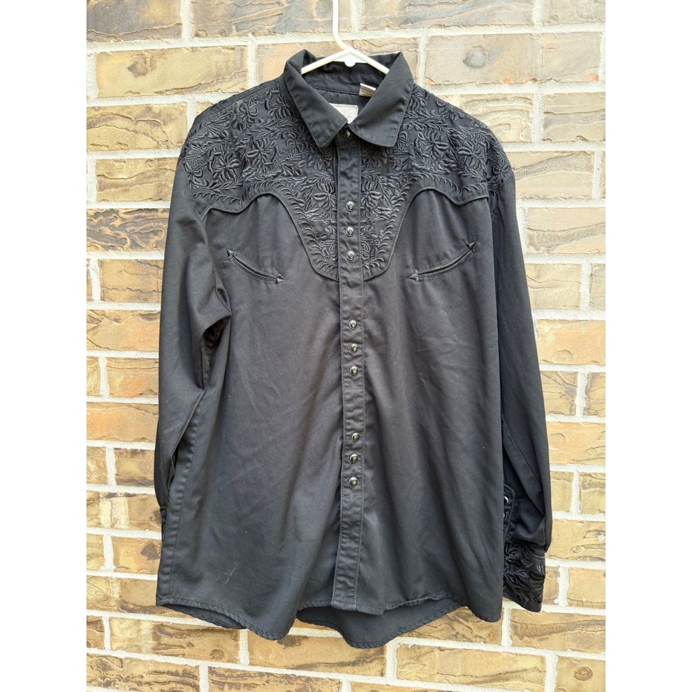 Scully Mens Black Floral Embroidered Western Pearl Snap Shirt XL Long Sleeve